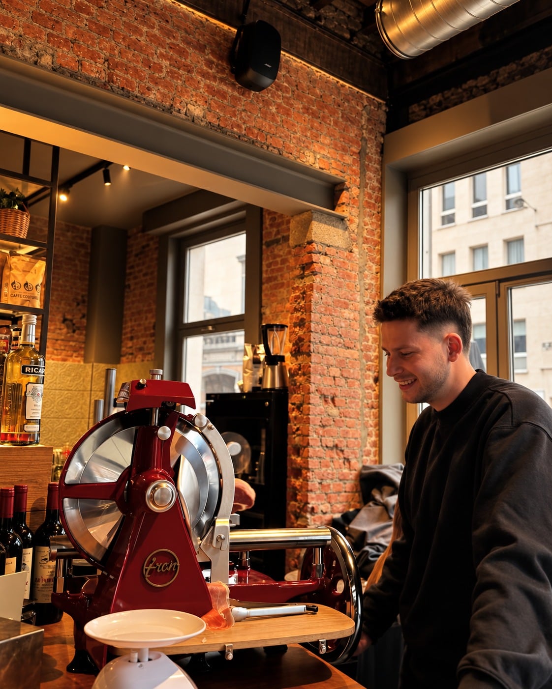 Behind the counter at Tabanco, next to the red meat slicer